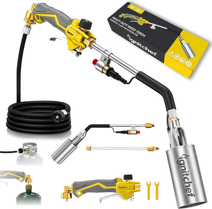 Propane Torch Weed Torch Burner Heavy Duty-340,000 BTU Weed Burner with 2 Extension Modes, Piezo Trigger(Self Igniting)&12.5ft Hose, Multi-Fuel Compatible(1lb-100lb) for Weeds, Ice Melting