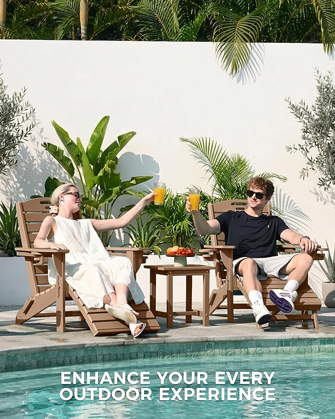 Adjustable Adirondack Chairs Set of 2 with Retractable Ottoman, HDPE Folding Adirondack Chair with Cup Holders, Weather Resistant for Backyard, Poolside & Fire Pit (Teak)