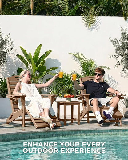 Adjustable Adirondack Chairs Set of 4 with Retractable Ottoman, HDPE Folding Adirondack Chair with Cup Holders, Weather Resistant for Backyard, Poolside & Fire Pit (Teak)