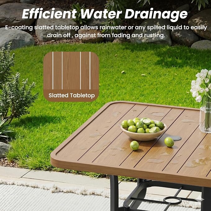 Outdoor Patio Dining Table with 1.57" Umbrella Hole, 35"x35" Wood-Like Texture, All-Weather Metal Frame for Poolside, Deck, Porch