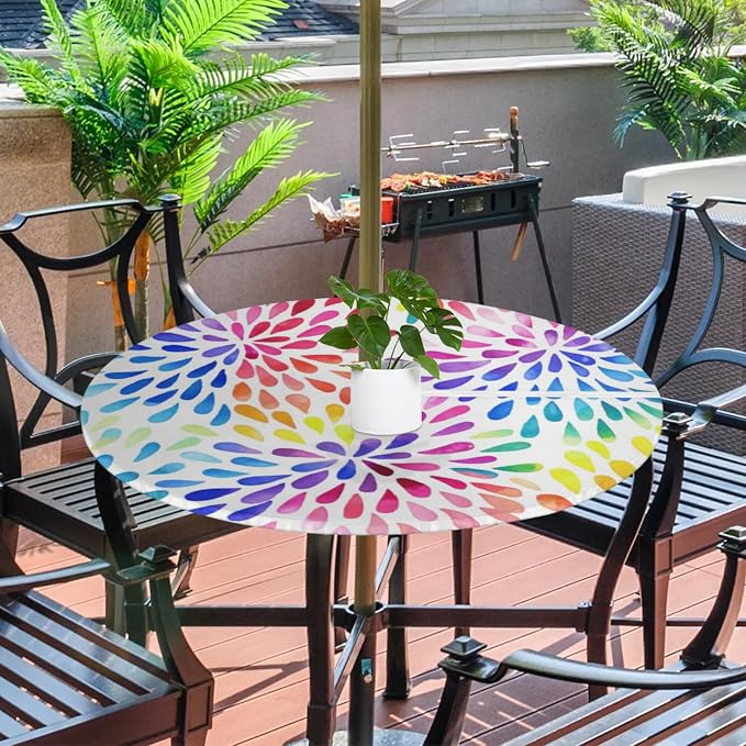 Colorful Fitted Round Tablecloth with Umbrella Hole and Zipper Spring or Summer Floral Outdoor Elastic Table Cloth 36"-44" Oil-Proof Waterproof Patio Table Cover for Picnic Party