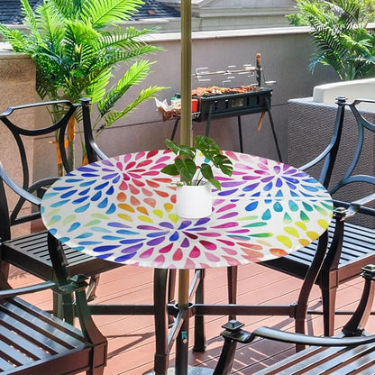 Colorful Fitted Round Tablecloth with Umbrella Hole and Zipper Spring or Summer Floral Outdoor Elastic Table Cloth 36"-44" Oil-Proof Waterproof Patio Table Cover for Picnic Party