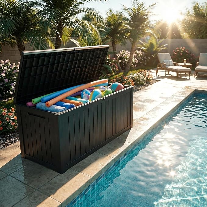 FEFLO 180 Gallon Waterproof Resin Outdoor Storage Box, Lockable & UV Resistant Patio Deck Boxes, Outside Storage for Patio Cushions, Pool Toys, Garden Tools & Package Delivery, Black