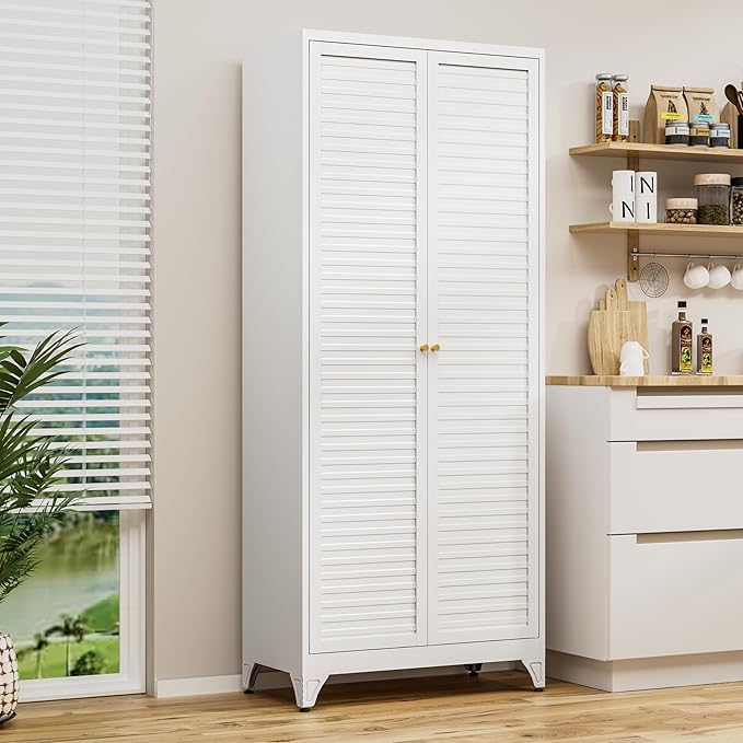Polup 75" Kitchen Pantry Cabinet, White Metal Storage Cabinet with Doors and 4 Adjustable Shelves, Tall Metal Pantry Cabinets, Large Cupboard for Kitchen, Dining Living Room, Bathroom, Office