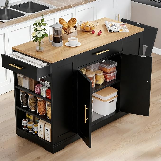 YITAHOME 53 Inch Movable Kitchen Island with Trash Can Storage Cabinet | Portable Mobile Islands with Wheels for 13 Gallon Garbage Bin, Black