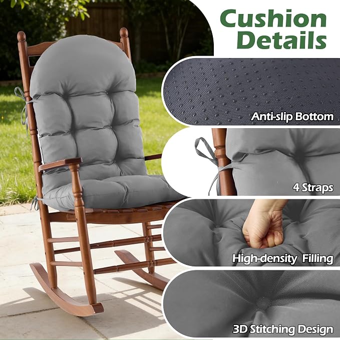 Rocking Chair Cushions, Indoor/Outdoor Adirondack Chair Cushion, Waterproof and Fade-Resistant Rocking Chairs Pads, Non-Slip Tufted High Back Patio Chairs Cushion with Ties, 44x19x4 Inch, Light Grey