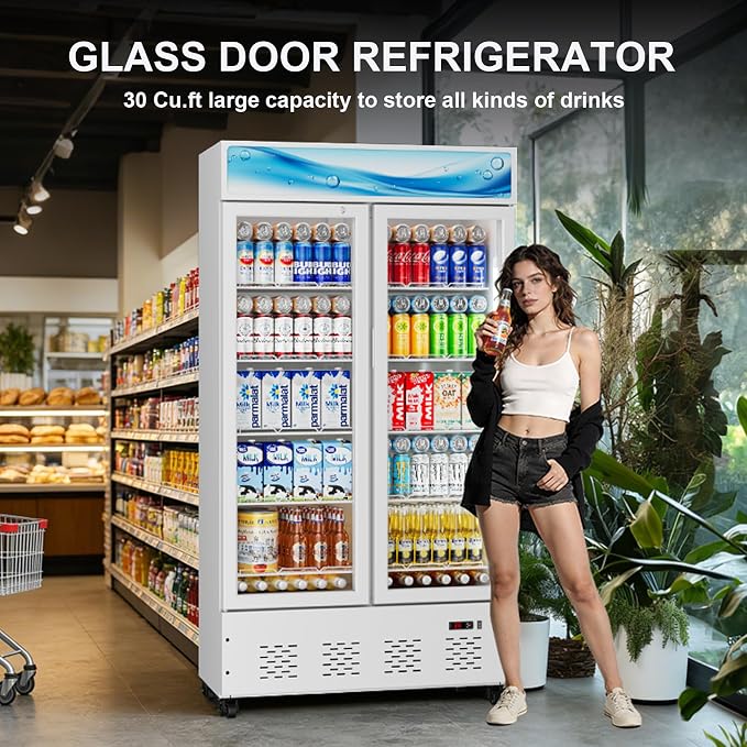 30 Cu.ft White Commercial Display Refrigerator,Glass Door Cooler Beverage Refrigerators with LED Light and 10 Shelves
