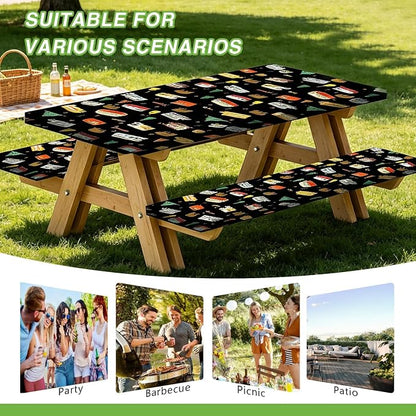 Picnic Table Cover with Bench Covers and Bag, Camping Rv Essentials, Waterproof Windproof Fabric, Fitted Tablecloth Cover with Elastic Edge, 3 PCS, 30x72 Inch, Black