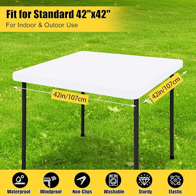 Smiry Square Picnic Table Cloth, Waterproof Elastic Fitted Tablecloths for 4 Foot Tables, Washable Polyester Table Cover for Camping, Indoor and Outdoor (White, 42"x42")
