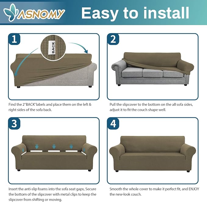 Asnomy Stretch Couch Covers for 3 Cushion Couch, Khaki | 1-Piece Sofa Covers(78"-94") 3-Seater Furniture Protector Soft Jacquard,Non-Slip Elastic Bottom For Dogs & Kids