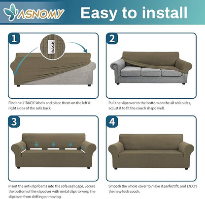 Asnomy Stretch Couch Covers for 3 Cushion Couch, Khaki | 1-Piece Sofa Covers(78"-94") 3-Seater Furniture Protector Soft Jacquard,Non-Slip Elastic Bottom For Dogs & Kids