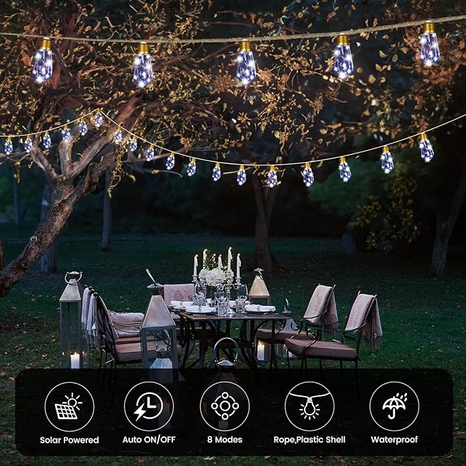 Solar String Lights Outdoor, 24FT Solar Patio Lights, String Lights for Outside, Waterproof 8 Modes Hemp Rope Lights with 20 Shatterproof LED Bulbs for Garden Yard Fence Balcony Camping Decor - White