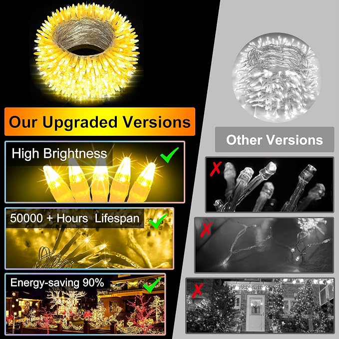 75FT 300 LED Warm White Christmas Tree String Lights | 12 Modes Dimmable, Timer Memory, IP44 Waterproof Indoor Outdoor, Safe 29V Low Voltage, Connectable Holiday Decor
