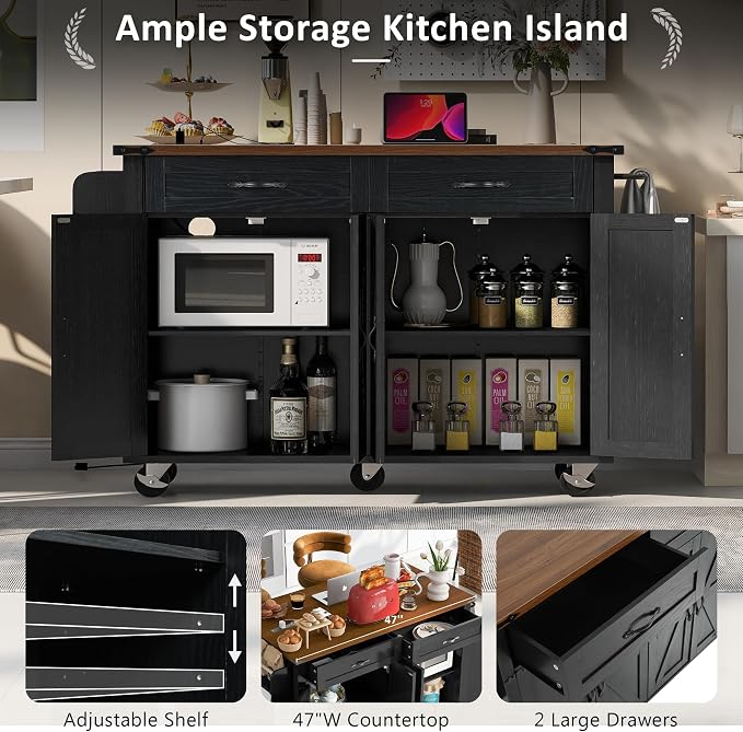 53.5''Farmhouse Kitchen Island with Power Outlet,Storage Cart W/Drop Leaf/Spice Rack/Drawer,Rolling KitchenCart on Wheels,for Home,Dining Room,Black