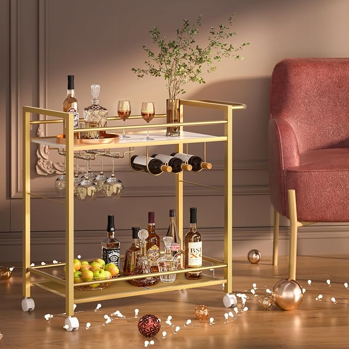 Joaxswe Bar Cart w/Wheels,2 Tier Home Bar Serving Cart,Flowing Gold | Rolling Beverage Cart w/ Wine Rack and Glass Holder,Modern Wine Cart w/ Storage Shelves for Kitchen, Living Room,Dinning Room