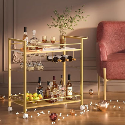 Joaxswe Bar Cart w/Wheels,2 Tier Home Bar Serving Cart,Flowing Gold | Rolling Beverage Cart w/ Wine Rack and Glass Holder,Modern Wine Cart w/ Storage Shelves for Kitchen, Living Room,Dinning Room