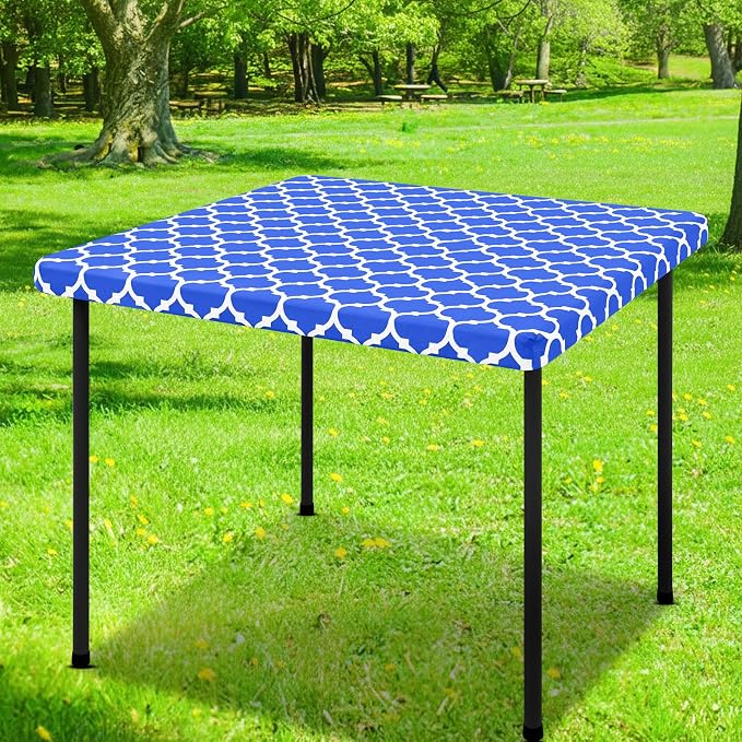 Smiry Picnic Fitted Table Cover, Square Flannel Backed Vinyl Tablecloth | Waterproof Elastic Stretch Table Cloth, Wipeable Plastic Tablecloth for Camping, Indoor & Outdoor (Blue, 42" x 42")