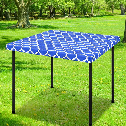 Smiry Picnic Fitted Table Cover, Square Flannel Backed Vinyl Tablecloth | Waterproof Elastic Stretch Table Cloth, Wipeable Plastic Tablecloth for Camping, Indoor & Outdoor (Blue, 34" x 34")