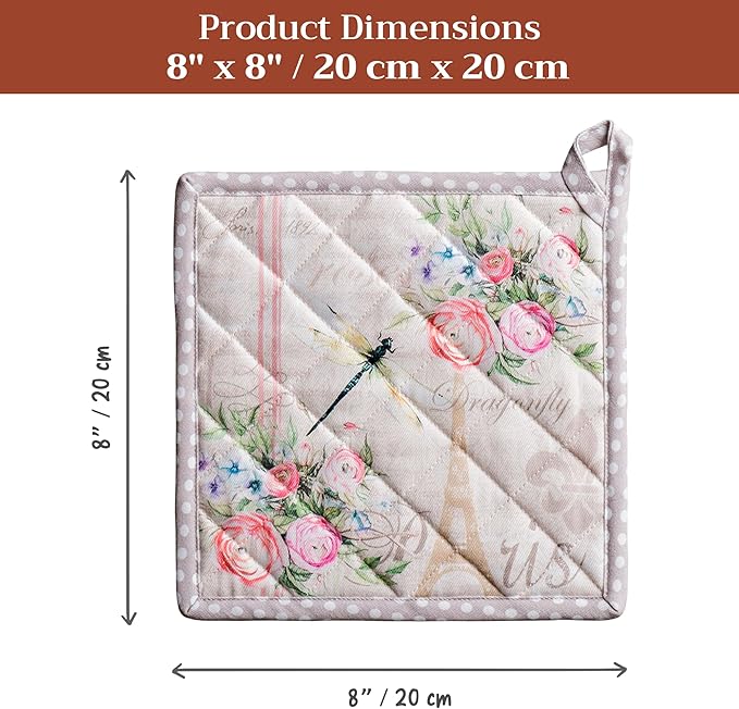Maison d' Hermine Pot Holders 100% Cotton Heat Resistant Potholders 8" x 8" Hot Pads with Loop BBQ Cooking Baking Hotel Farmhouse Kitchen Handling Hot Pans Spring Summer (Pack of 1, Champ De Mars)