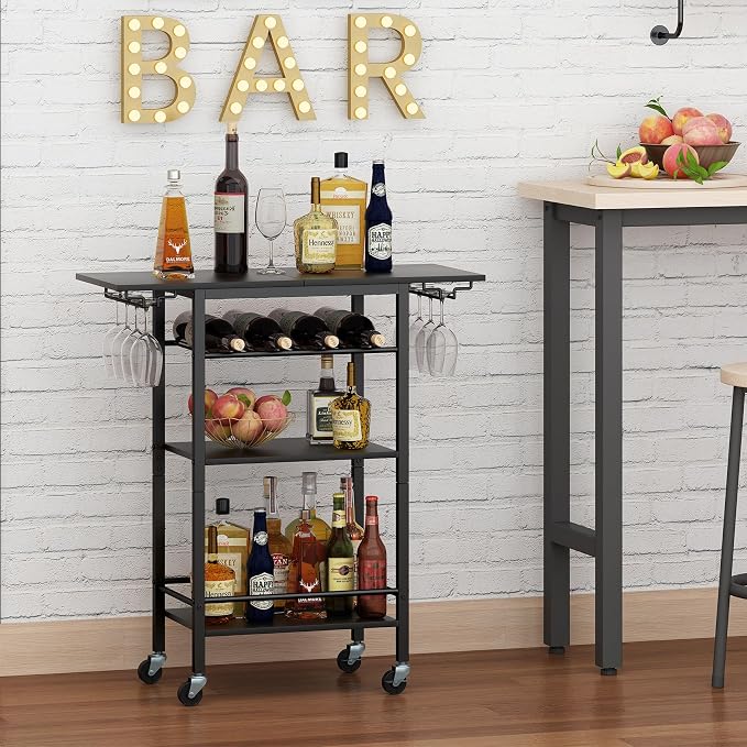 LAATOOREE Bar Cart 4 Tier, Home Serving Cart, Black Mobile Drink Beverage Cart, Rolling Kitchen Shelf with Wine and Glass Holders, for Living Room