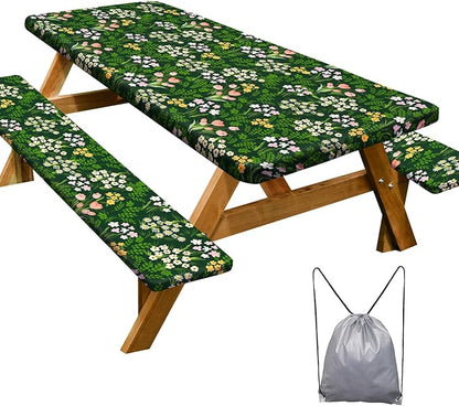 Picnic Table Cover Bench Covers Camping Essentials Tablecloth | Waterproof Vinyl for Outdoor, Windproof Elastic Fitted Edges, RV BBQ Accessories Must Haves, Storage Bag Included