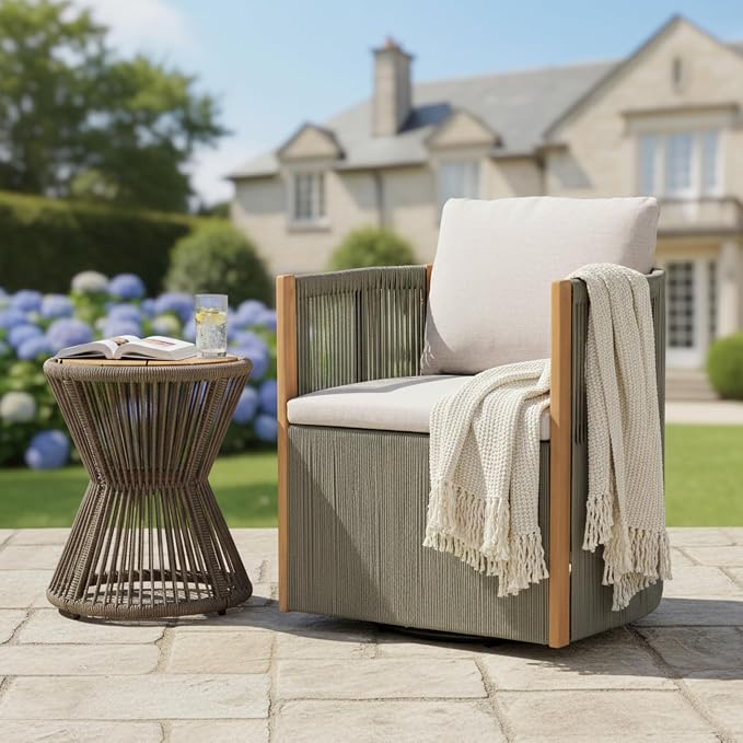 Christopher Knight Home Kato Outdoor Metal & Acacia Wood Frame Swivel Accent Chair with Removable Cushion, 360° Rotating Patio Armchair with Rope Accent, Outdoor Swivel Chair for Garden, Light Grey