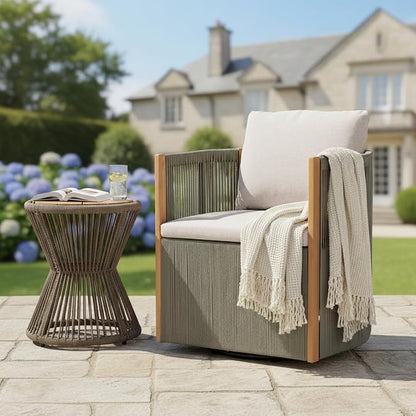 Christopher Knight Home Kato Outdoor Metal & Acacia Wood Frame Swivel Accent Chair with Removable Cushion, 360° Rotating Patio Armchair with Rope Accent, Outdoor Swivel Chair for Garden, Light Grey