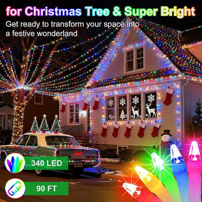 340 LED 90FT Christmas String Lights Outdoor, 12 Pro Modes and Timer Memory & Brightness, Plug in Outdoor Waterproof Clear Wire Twinkle Light for for Xmas Yard Tree Wedding Party Decor (Multicolor)