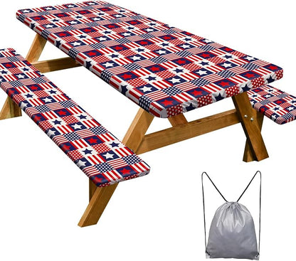 Picnic Table Cover Bench Covers Camping Essentials Tablecloth | Waterproof Vinyl for Outdoor, Windproof Elastic Fitted Edges, RV BBQ Accessories Must Haves, Storage Bag Included