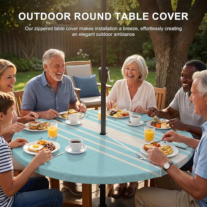 Outdoor Fitted Tablecloth with Umbrella Hole and Zipper, Lake Blue Beige Striped Elastic Round Patio Table Cover, Farmhouse Retro Lines Modern Table Protector for Backyard BBQ Party 31''-35''