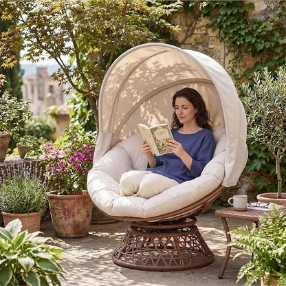 GTPLAYER Outdoor Wicker Egg Chair PE Rattan Chair with Cushion, Oversized Patio Lounge Chair with Canopy Papasan Chair 360° Swivel Base for Outdoor, Indoor, Balcony, Backyard, Garden, Beige