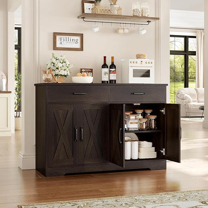 HOSTACK Buffet Cabinet with Storage, 47.2" Kitchen Sideboard Buffet with Drawers, Modern Farmhouse Coffee Bar Station with Shelves, Barn Doors Storage Cabinet for Living Room, Dark Brown