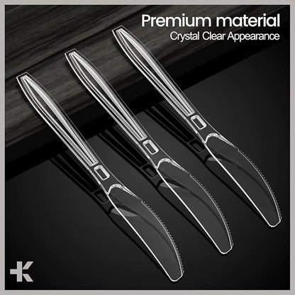 Bakken Disposable Cutlery Set 100 Pieces Knives, Heavy Duty Plastic Silverware, BPA-Free Food-Grade Materials, Heat-Resistant, Reusable Utensils for Parties, Catering, BBQs, and Everyday Use, Clear
