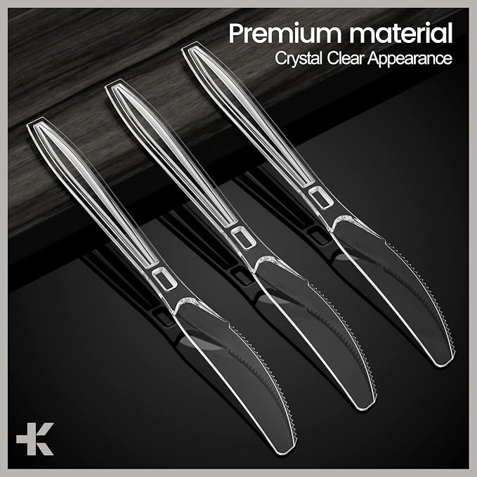 Bakken Disposable Cutlery Set 500 Pieces Knives, Heavy Duty Plastic Silverware, BPA-Free Food-Grade Materials, Heat-Resistant, Reusable Utensils for Parties, Catering, BBQs, and Everyday Use, Clear