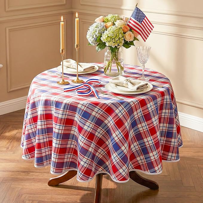 4th of July Red White and Blue Plaid Tablecloth – Waterproof Patriotic Independence Day Table Cover for BBQ, Picnic, Party, Farmhouse Kitchen & Outdoor Decor, 60" Round