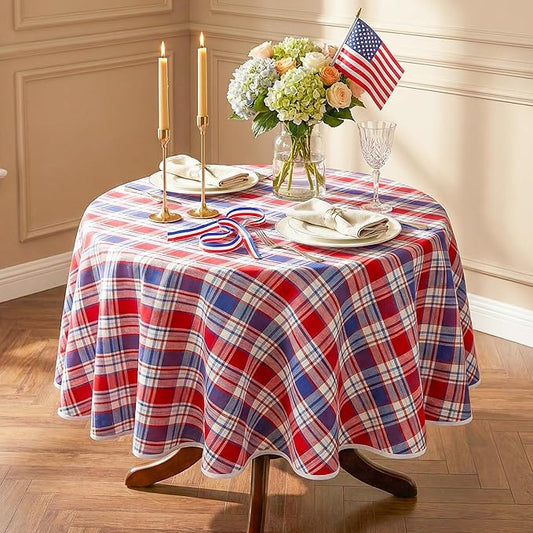 4th of July Red White and Blue Plaid Tablecloth – Waterproof Patriotic Independence Day Table Cover for BBQ, Picnic, Party, Farmhouse Kitchen & Outdoor Decor, 60" Round