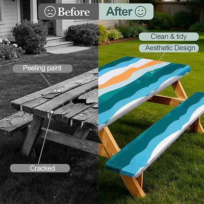 Picnic Table Cover Bench Covers Camping Essentials Tablecloth | Waterproof Vinyl for Outdoor, Windproof Elastic Fitted Edges, RV BBQ Accessories Must Haves, Storage Bag Included