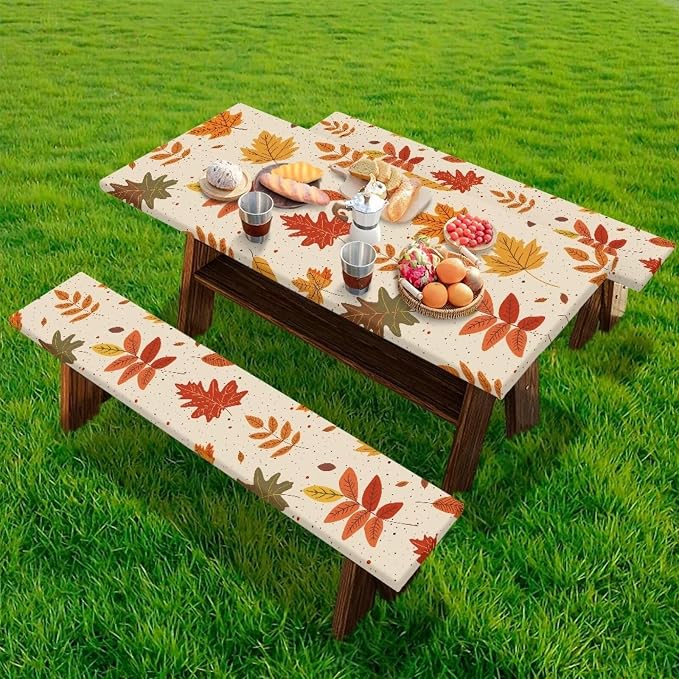 Picnic Table Cover for Outdoor Camping Maple Leaf Print Elastic Fitted Table Cloth for Camping Party Supplies 3 PCS Set