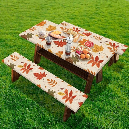 Picnic Table Cover for Outdoor Camping Maple Leaf Print Elastic Fitted Table Cloth for Camping Party Supplies 3 PCS Set