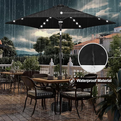 FLAME&SHADE 10ft Solar Outdoor Umbrella - 24 LED Lighted Patio Umbrella with Centre Surround Light, Table Umbrellas with Tilt & Crank for Pool, Porch, Garden, Deck, Backyard UV Protection (Black)