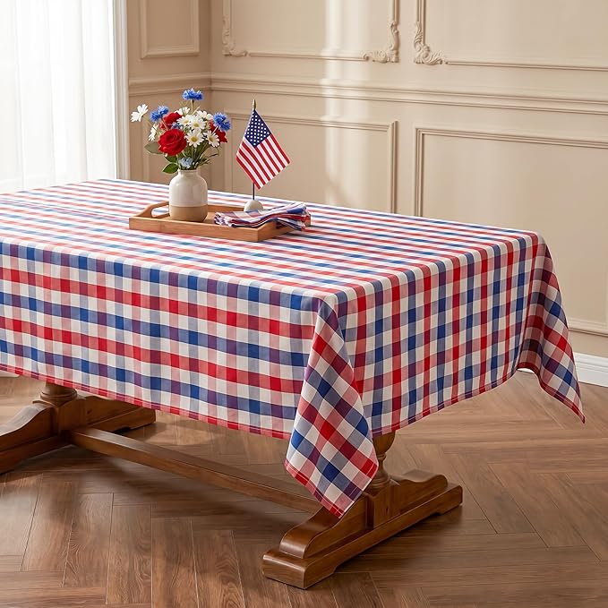 Patriotic Waterproof Tablecloth - Red, White & Blue Buffalo Plaid Table Cover, Stain-Resistant & Washable, Indoor & Outdoor Picnic Tablecloth for 4th of July, Memorial Day, W60 x L84 inch