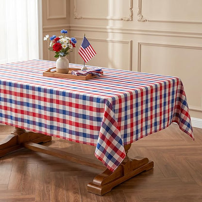 Patriotic Waterproof Tablecloth - Red, White & Blue Buffalo Plaid Table Cover, Stain-Resistant & Washable, Indoor & Outdoor Picnic Tablecloth for 4th of July, Memorial Day, W60 x L144 inch