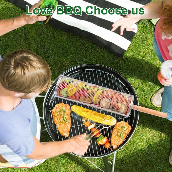 Rolling Grill Basket,Grill Baskets for Outdoor Grill,BarBecue Accessories for Vegetables & Shrimp,304 Stainless Steel, Unique Gift for Dad or Husband