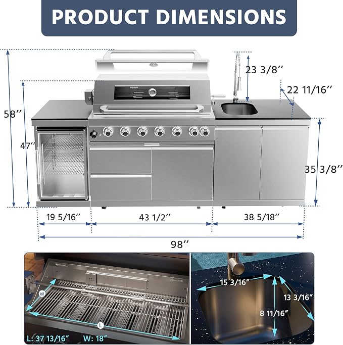 96" Outdoor Kitchen Grill Island with Refrigerator and Sink, 6 Burner 85000 BTU Stainless Steel BBQ Grill Station, Outdoor Cooking Station for Backyard Patio Poolside, Silver