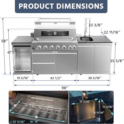 96" Outdoor Kitchen Grill Island with Refrigerator and Sink, 6 Burner 85000 BTU Stainless Steel BBQ Grill Station, Outdoor Cooking Station for Backyard Patio Poolside, Silver