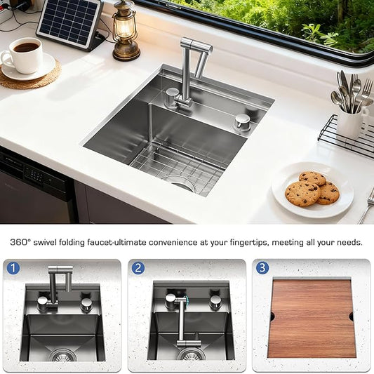 RV Kitchen Sink 13x15 Inch with Foldable Faucet, Nano Silver 16 Gauge Stainless Steel Undermount Workstation Sink with Cutting Board Cover, Bottom Grid & Drain Kit