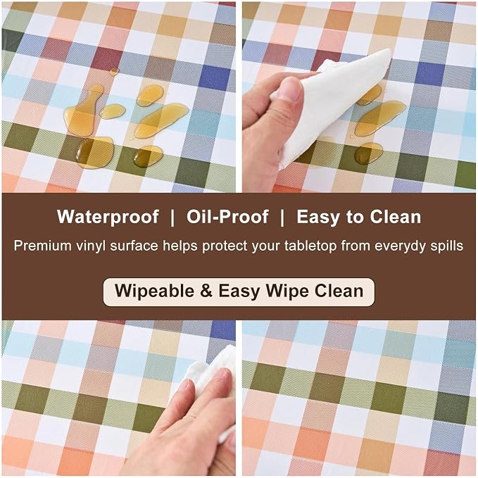 LIBERECOO Round Vinyl Fitted Tablecloth with Flannel Backing Elastic Edge Table Cover Waterproof Stain-Resistant Wipeable Tablecloths Fits 45-56 Inch Round Tables