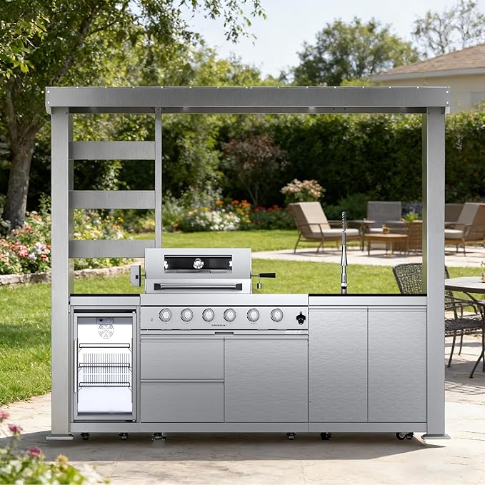 110-Inch 4-Burner 72000 BTU Stainless Steel Propane Gas Grill Outdoor Kitchen Island with Canopy,485Sq.In Cooking Area,Wine Cooler,Refrigerator,Rotisserie,For Backyard BBQ,Silver