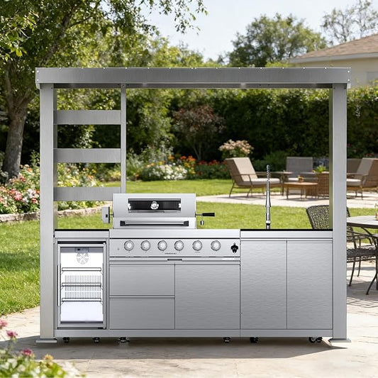 110-Inch 4-Burner 72000 BTU Stainless Steel Propane Gas Grill Outdoor Kitchen Island with Canopy,485Sq.In Cooking Area,Wine Cooler,Refrigerator,Rotisserie,For Backyard BBQ,Silver