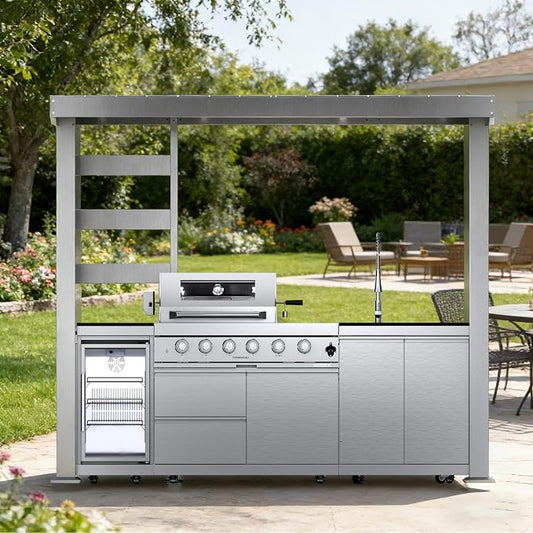 110" 4-Burner 72000 BTU Outdoor Kitchen Island,304 Stainless Steel Modular LPG BBQ Grill Combination With Granite Countertops, Capony, Refrigerator and Sink (110"-Silver with Canopy, Propane Gas)